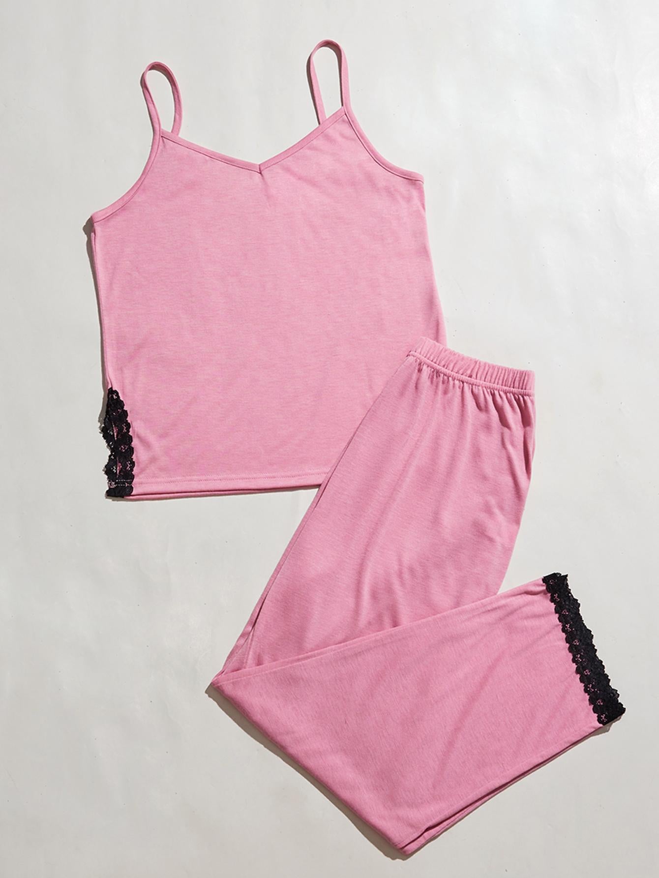 Chic Comfort: V-Neck Lace Trim Slit Cami and Pants Pajama Set