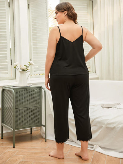 Elegance and Comfort: Plus Size Lace Trim Slit Cami and Pants Pajama Set