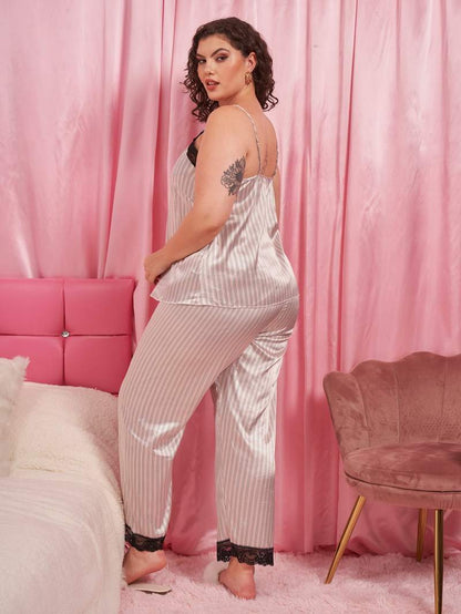 Timeless Style: Plus Size Vertical Stripe Lace Trim Cami and Pants Pajama Set