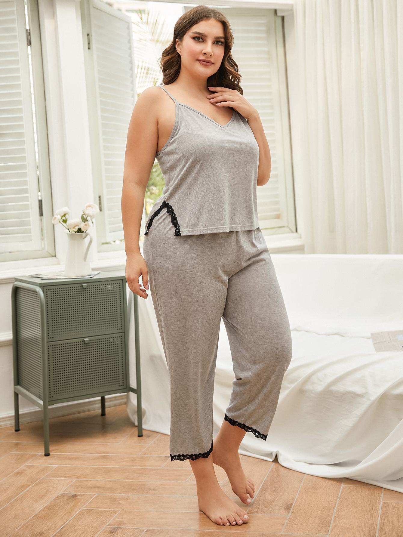 Elegance and Comfort: Plus Size Lace Trim Slit Cami and Pants Pajama Set