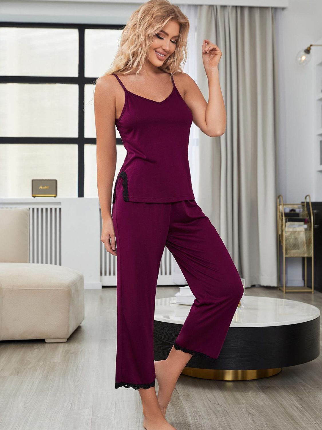 Chic Comfort: V-Neck Lace Trim Slit Cami and Pants Pajama Set