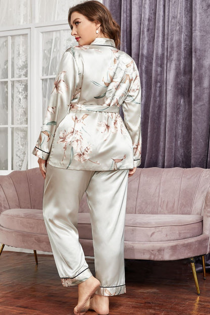Effortless Elegance: Plus Size Floral Belted Robe and Pants Pajama Set