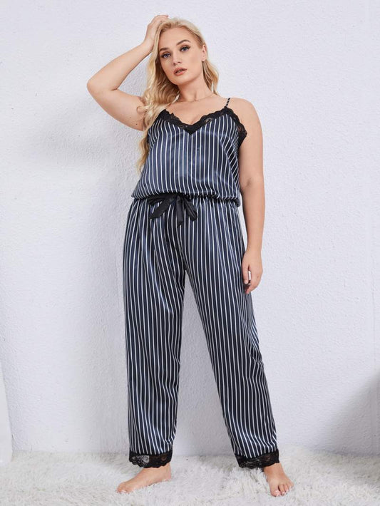 Timeless Style: Plus Size Vertical Stripe Lace Trim Cami and Pants Pajama Set