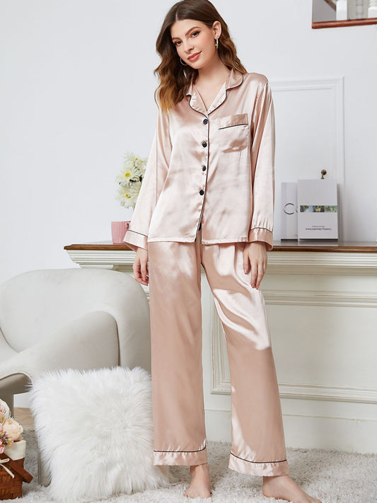 Classic Comfort: Lapel Collar Long Sleeve Top and Pants Pajama Set