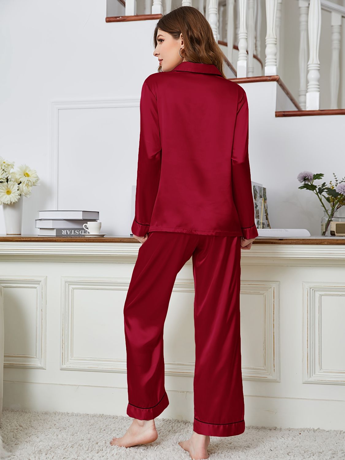 Classic Comfort: Lapel Collar Long Sleeve Top and Pants Pajama Set