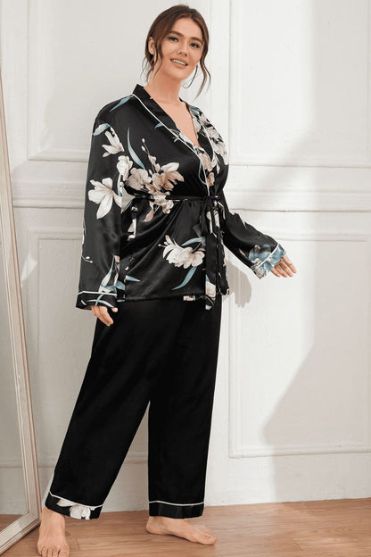 Effortless Elegance: Plus Size Floral Belted Robe and Pants Pajama Set